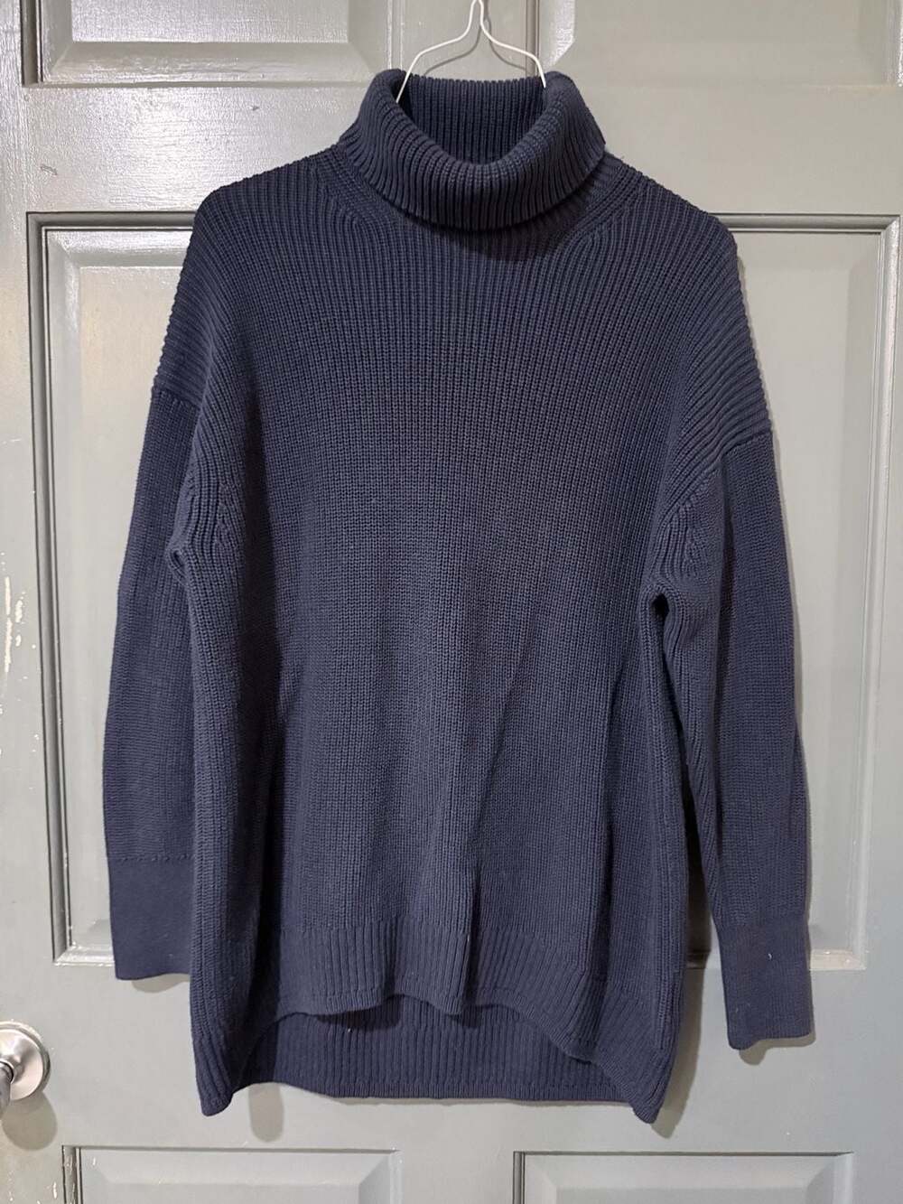 J.Crew Cashmere Cotton Navy Oversized Knit Turtleneck Sweater Hi Low Hem